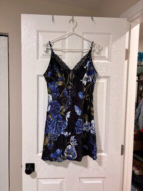 Vintage Blue Floral Satin Slip Dress | Lace Trim | Lingerie Nightgown (Large)
